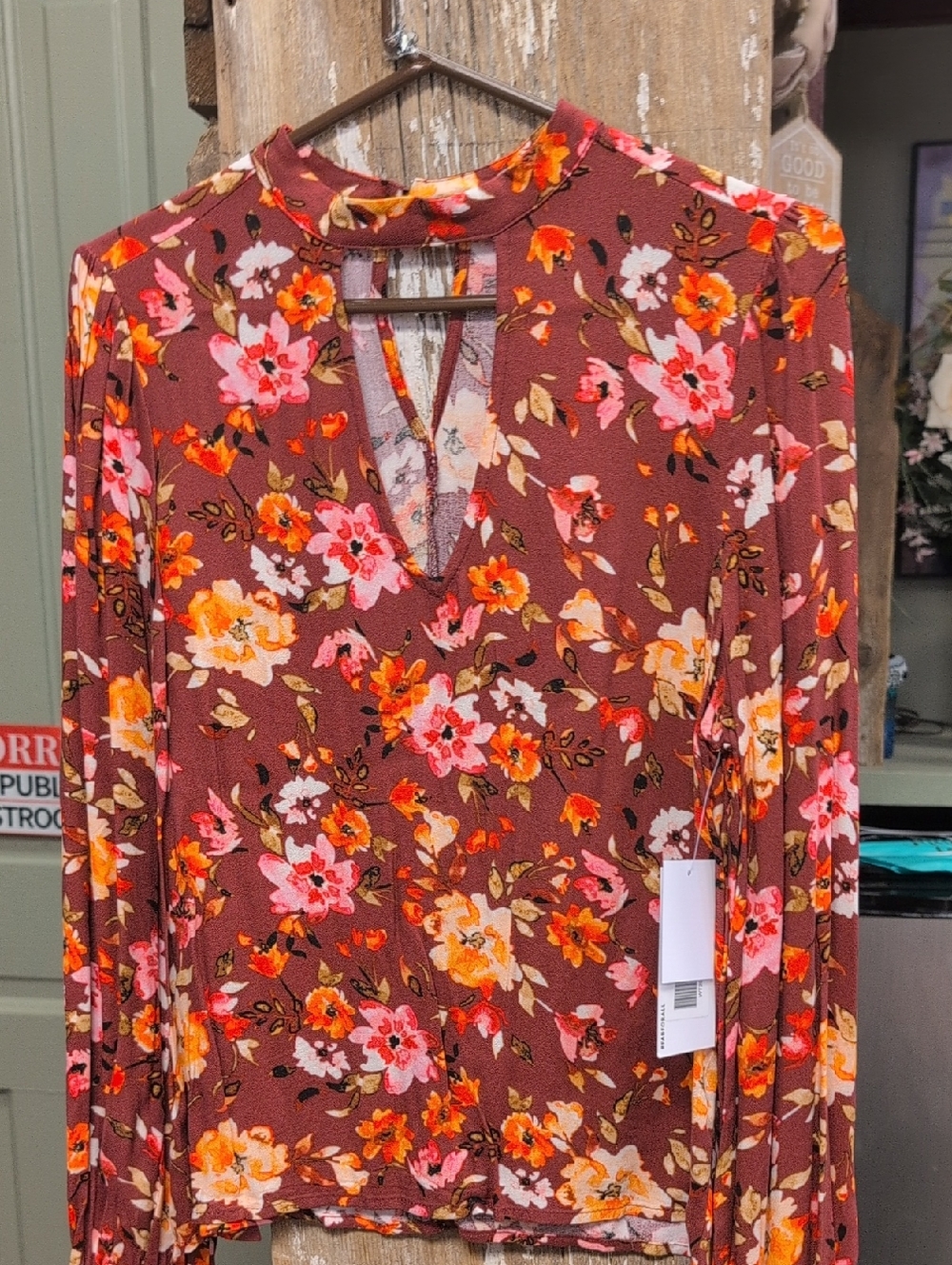 JustFab Floral V-Neck Long Sleeve Blouse in Rust, Pink & Orange